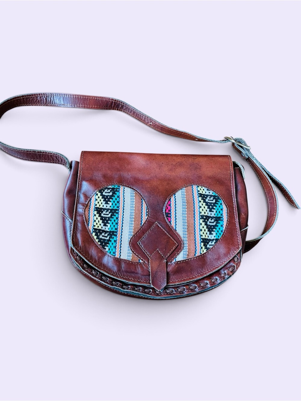 Brown Leather Crossbody Bag with Woven Accents - Women